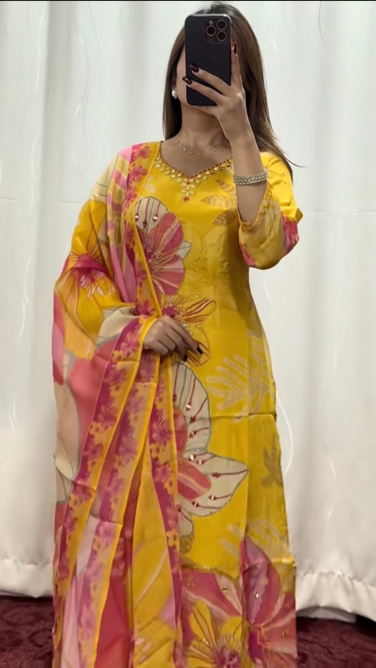 Flower printed crape silk Kurti set