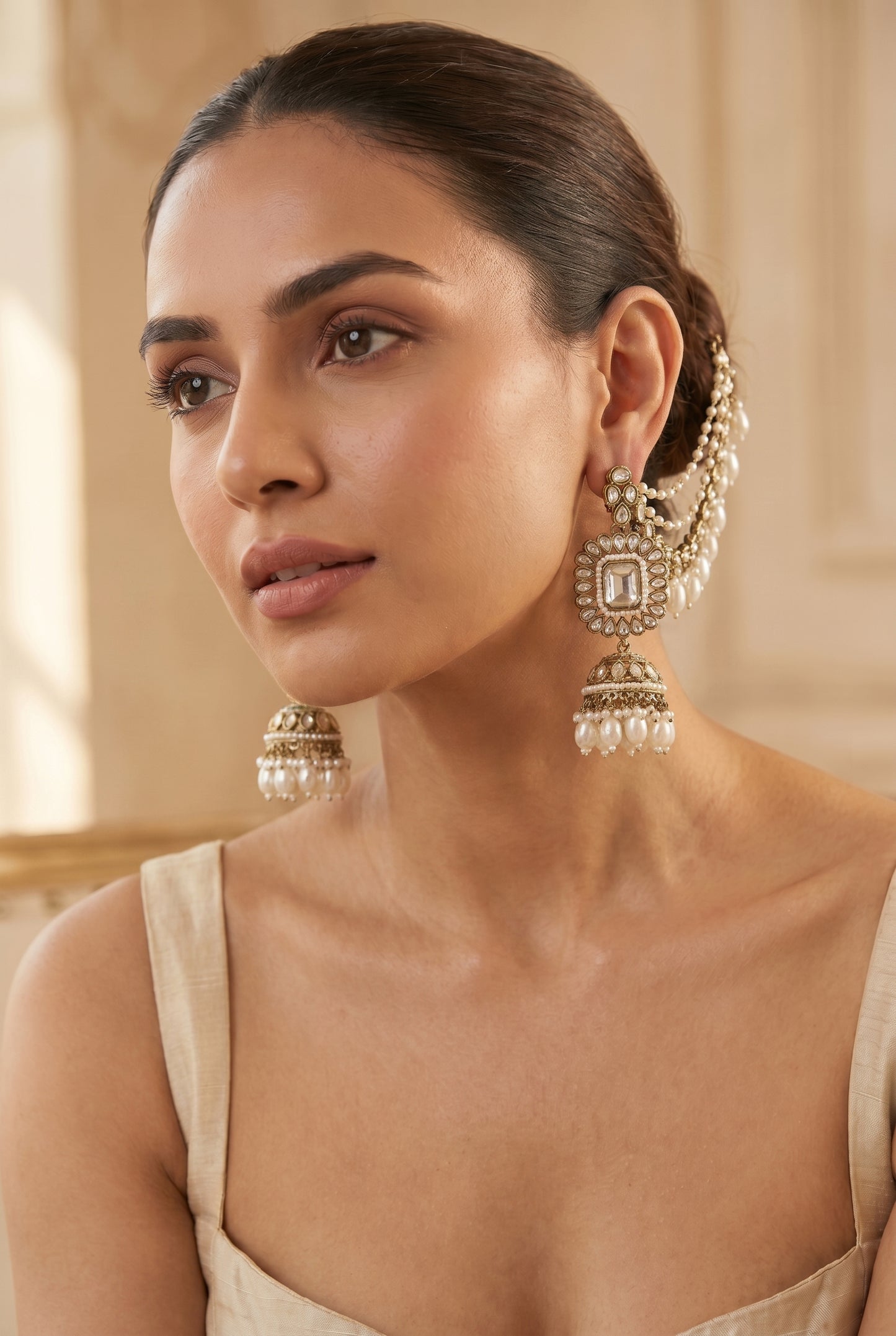 Gold Kundan Pearl Jhumka Earrings with Polki Work