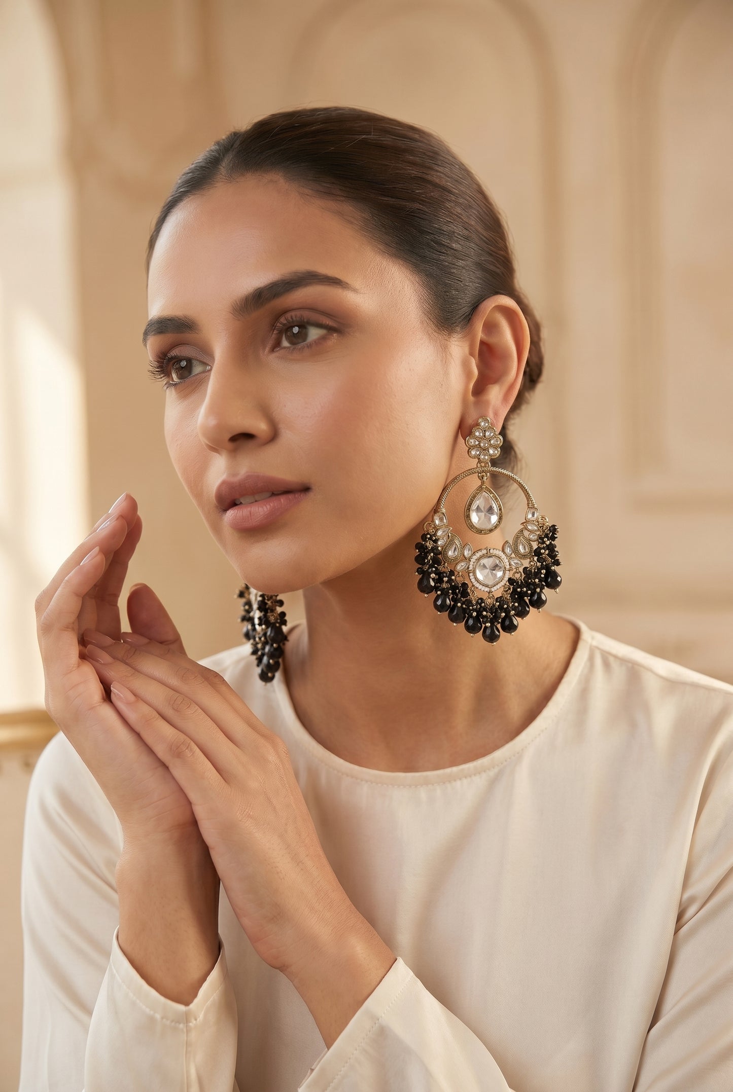 Gold & Black Kundan Statement Earrings with Crystal Drops