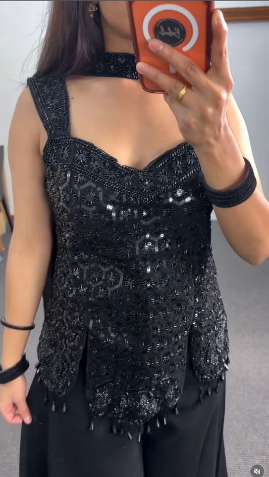 Black Sequin Georgette Kurti Set