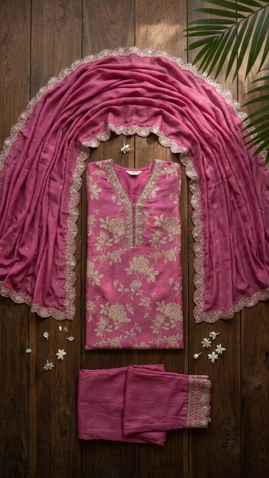 Rose Pink Silk Kurti Set with Zari Floral Embroidery & Dupatta