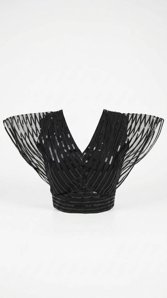Black Sequin Net Crop Blouse with V-Neckline & Stripe Work
