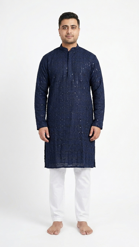 Navy Blue Chikankari Men's Kurta with Sequin Embroidery