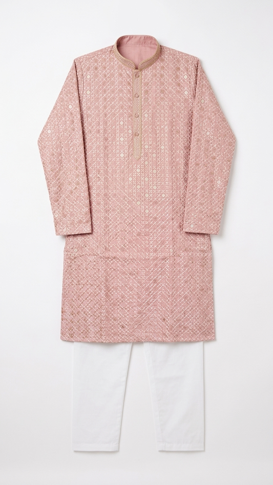 Dusty Rose Raw Silk Men's Kurta Set with Zari Embroidery