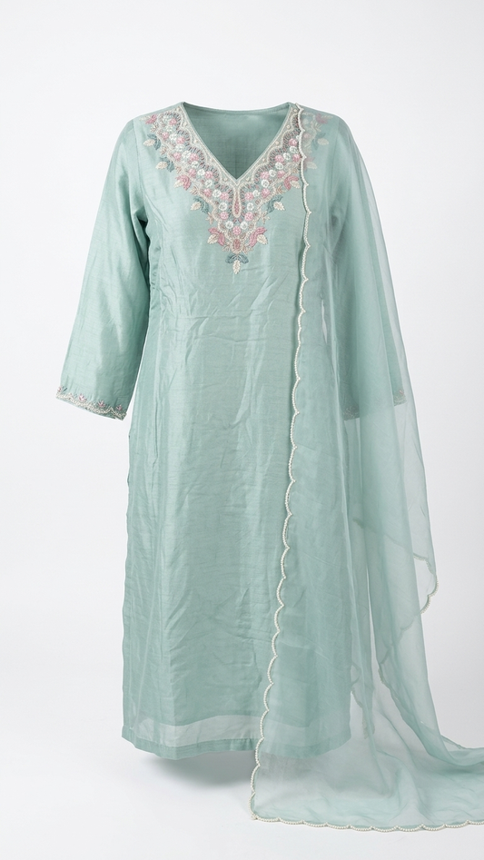 Blue Floral Silk Kurti Set