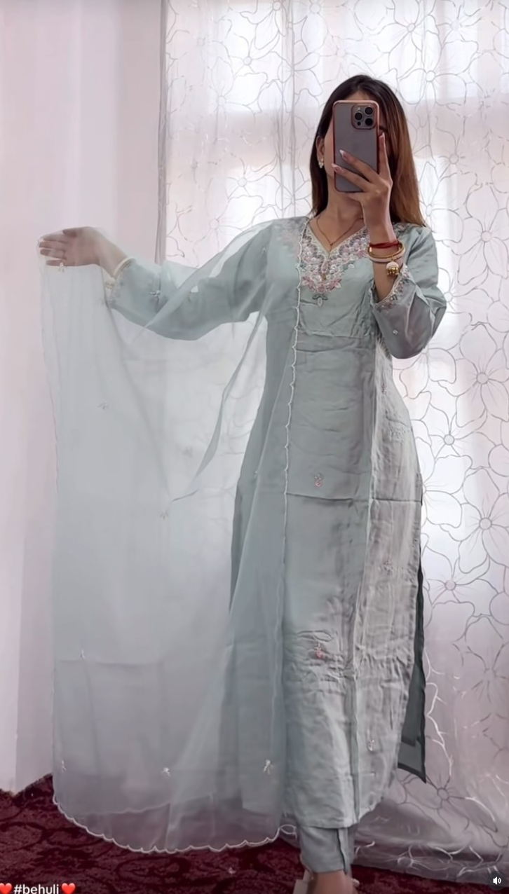 Blue Floral Silk Kurti Set