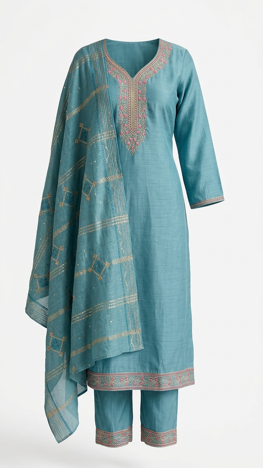 Steel Blue Chanderi Kurti Set with Resham & Zari Embroidery