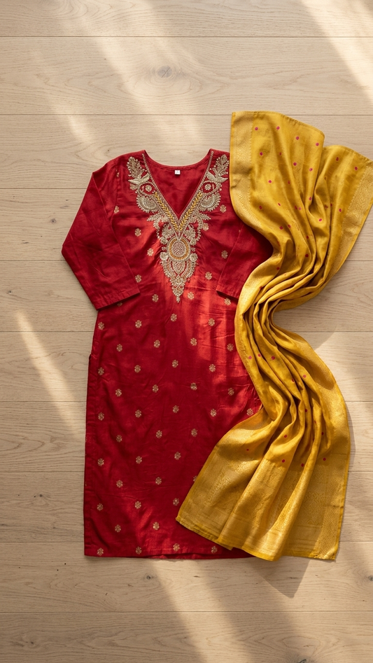 Red Banarasi Silk Kurti Set with Zari & Kundan Embroidery