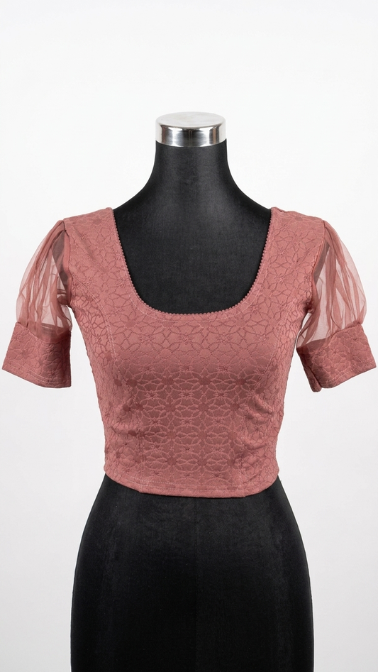 Dusty Rose Lace Blouse with Organza Puff Sleeves | Stretchable