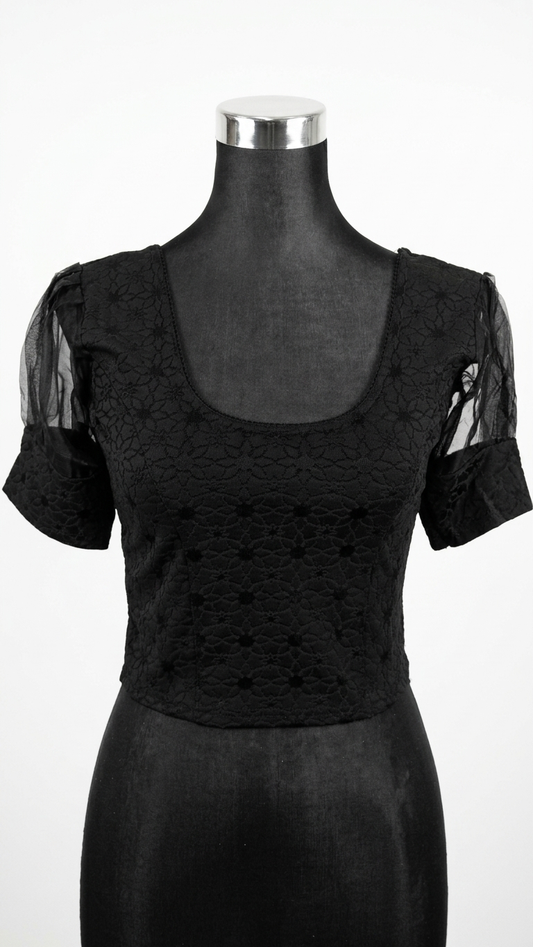 Black Jacquard Saree Blouse with Organza Puff Sleeves