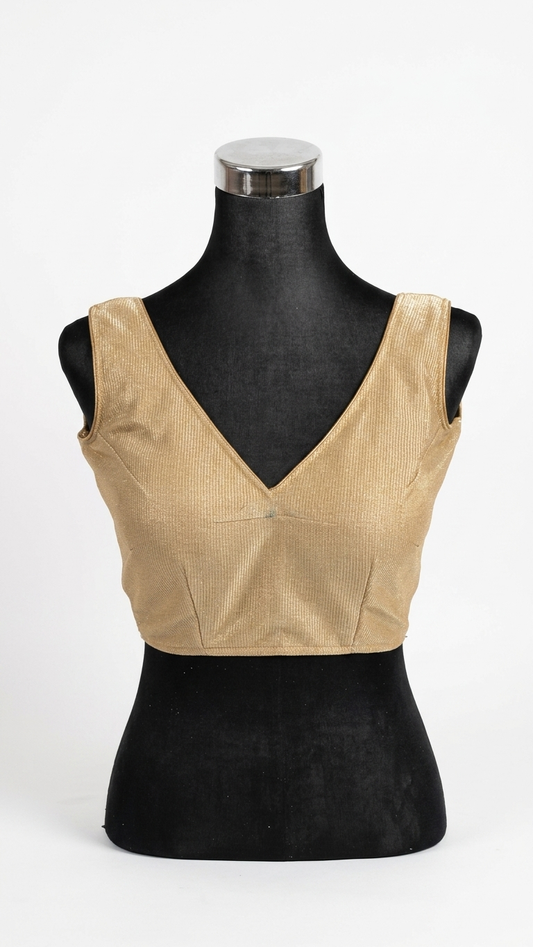 Gold Ribbed Velvet Saree Blouse – V-Neck Sleeveless | Size 36