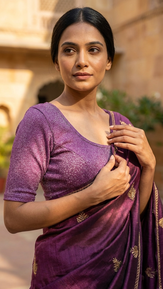 Purple Shimmer Knit Saree Blouse | Stretch Fit 34–44