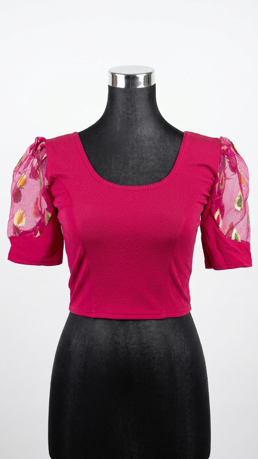 Fuchsia Silk Blend Saree Blouse with Organza Sleeves