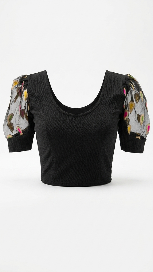 Black Jacquard Blouse with Organza Puff Sleeves & Buti Embroidery