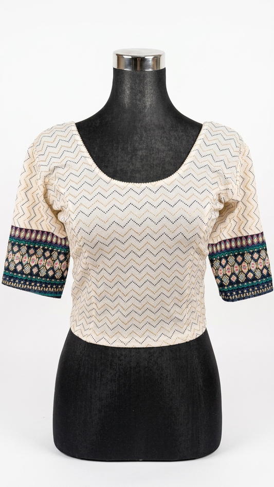 Ivory Cotton Ikat Blouse with Geometric Border Cuffs