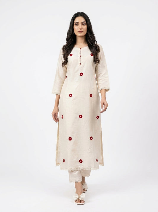 Ivory Khadi Co-ord Set with Red Floral Embroidery