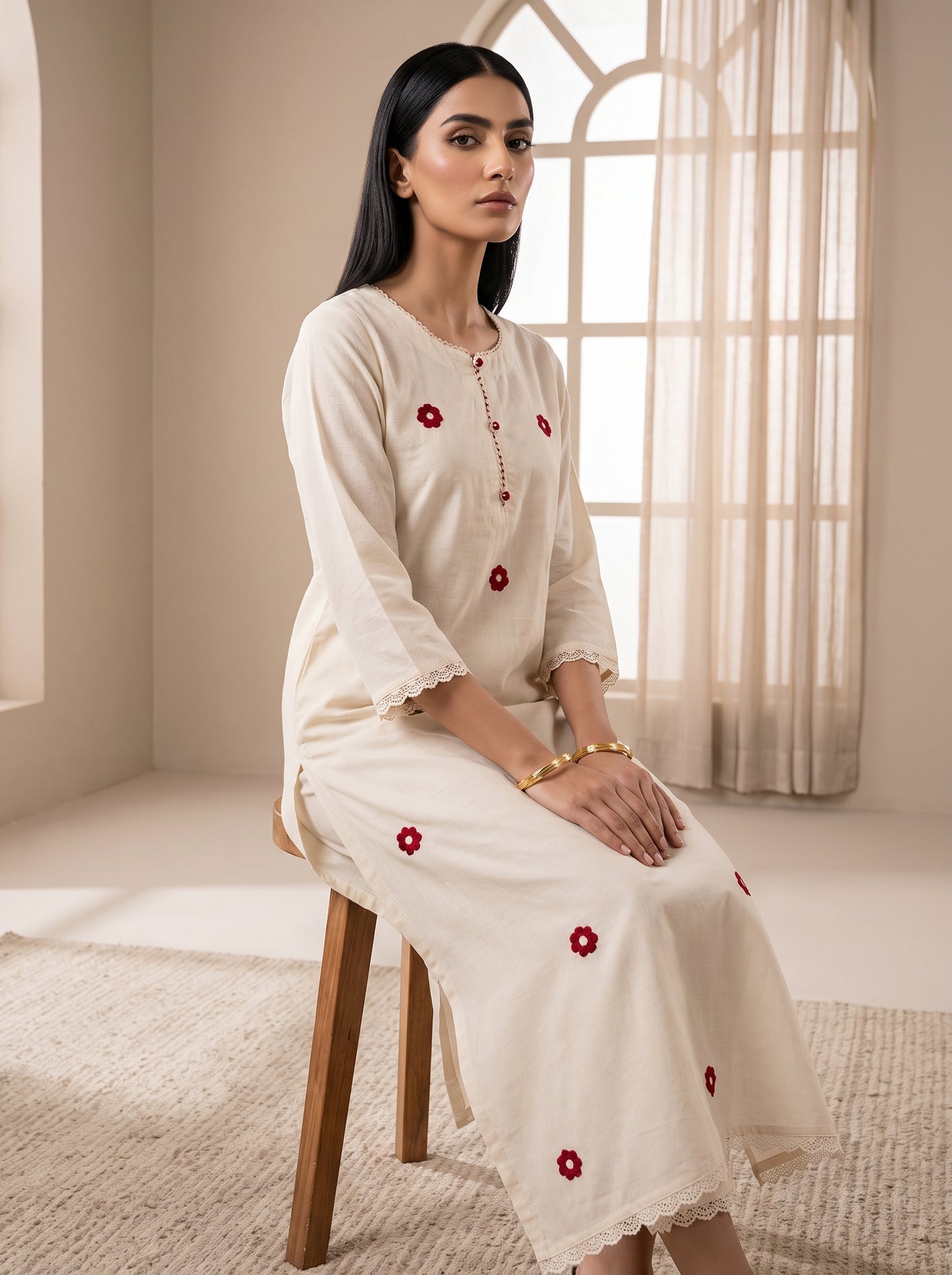 Ivory Khadi Co-ord Set with Red Floral Embroidery