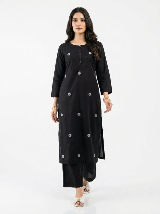 Black Khadi Co-ord Set with Silver Floral Embroidery
