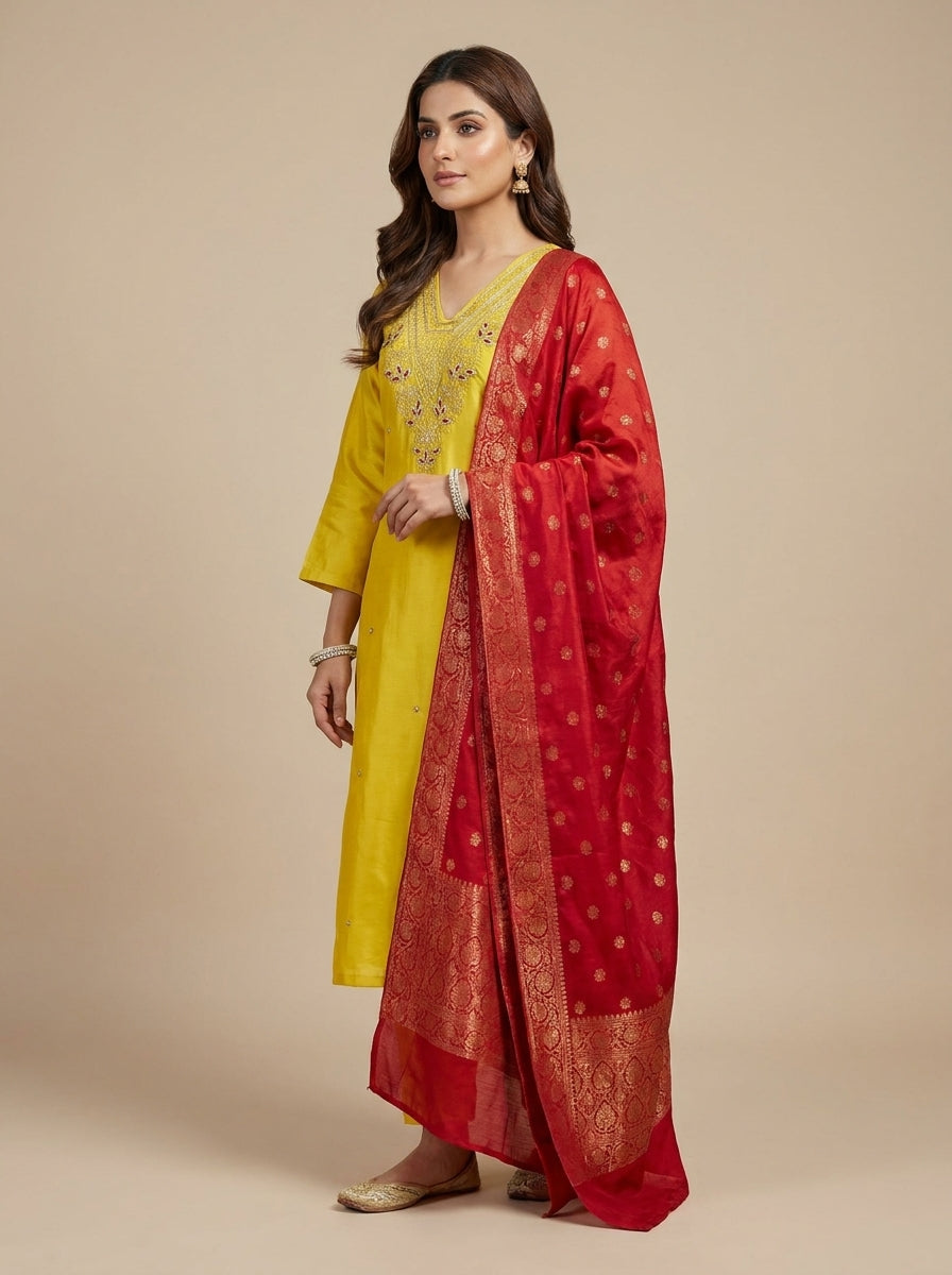Mustard Zari Dola Silk Kurti Set