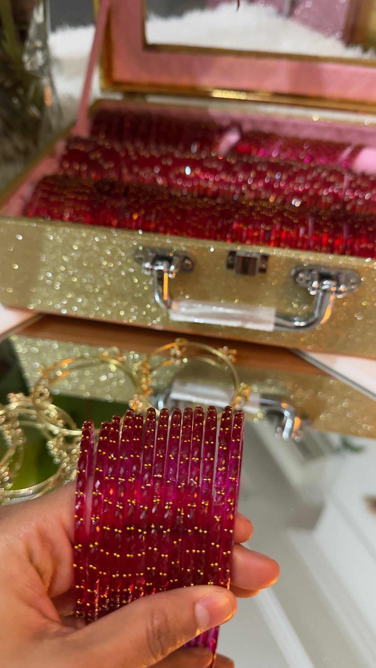 Fuchsia Glass Bangles with Gold Dots – Set of 12