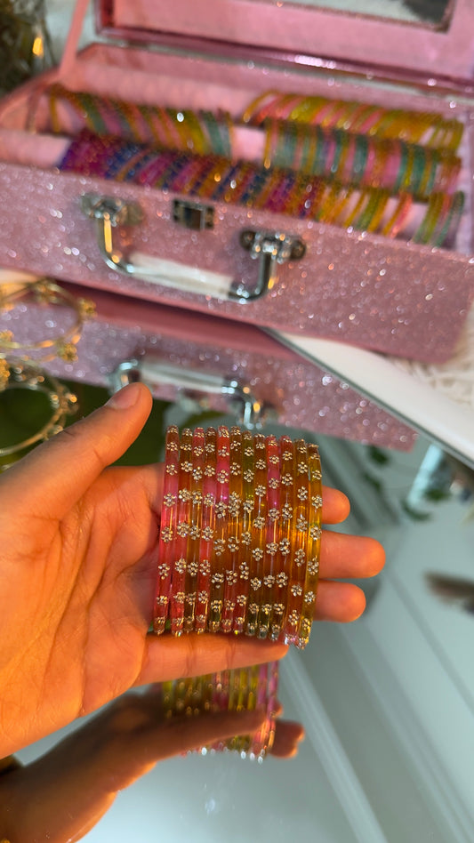 Multicolour Glass Bangles Set of 12 with Floral Rhinestone Detail