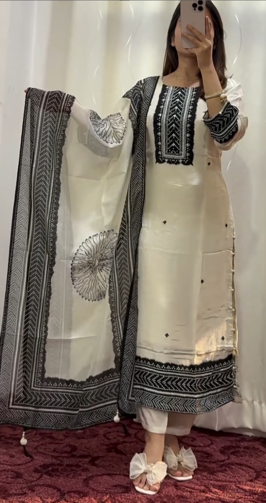 Ivory cotton kurti set with black thread embroidery and block print chevron dupatta with tassels — Behuli Australia — view 2
