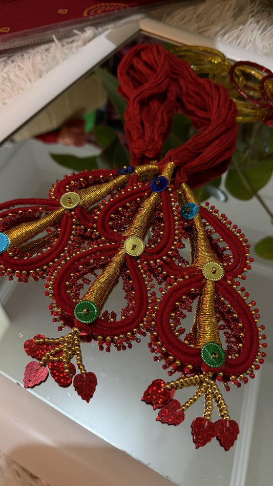 Crimson red handcrafted Lachha Dori with gold zari coiling, multicolour sequins and beaded tassels — Behuli Australia — view 2