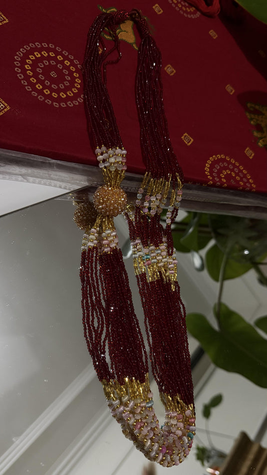 Crimson and gold multi-strand glass bead potey necklace with pearl accents and gold ball clasp — Behuli Australia — view 2