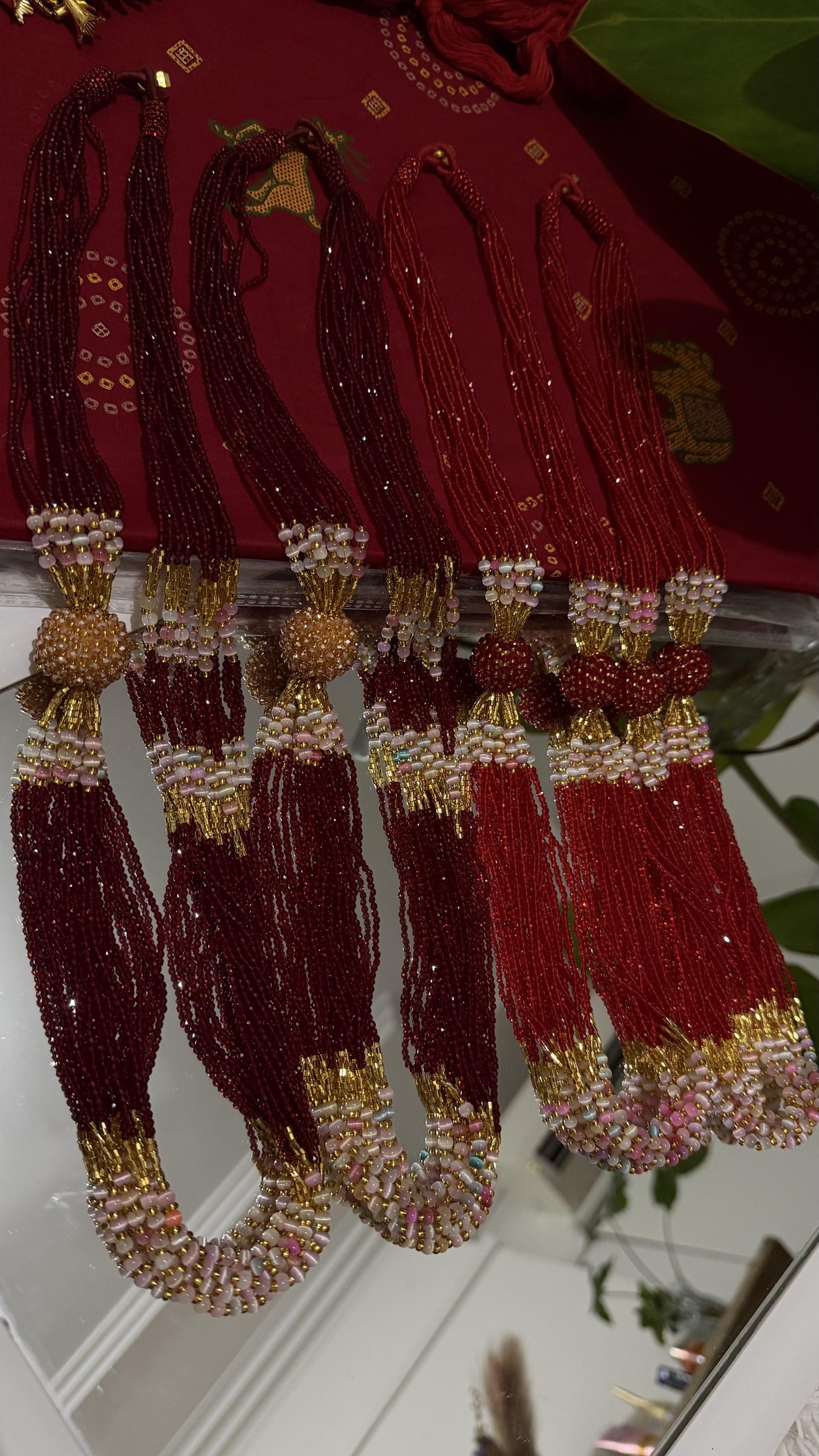Red multi-strand glass seed bead Potey necklace with gold beaded ball accents and pink white spacers — Behuli Australia — view 3