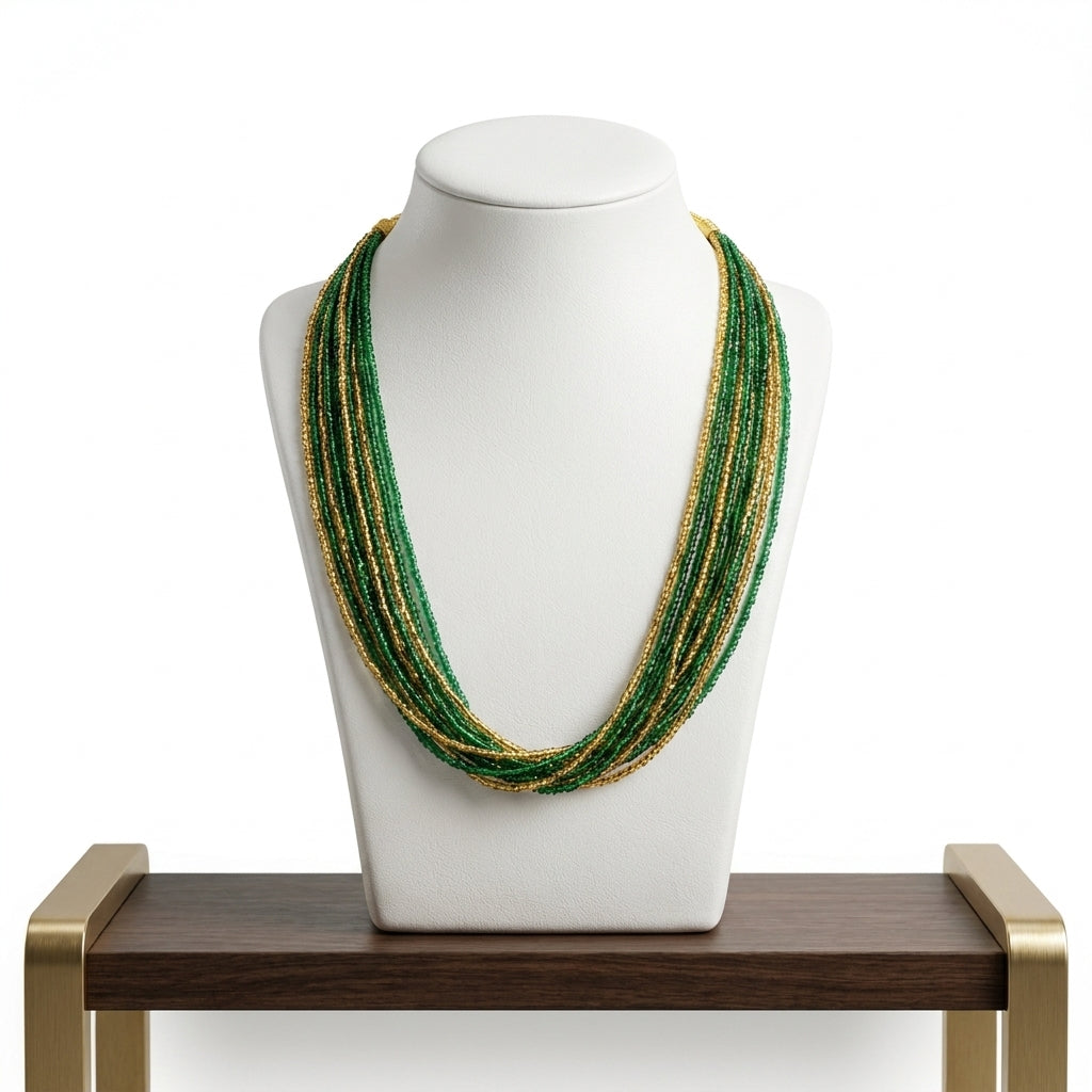 Emerald green and gold multistrand seed bead layered necklace with gold clasp — Behuli Australia — view 2