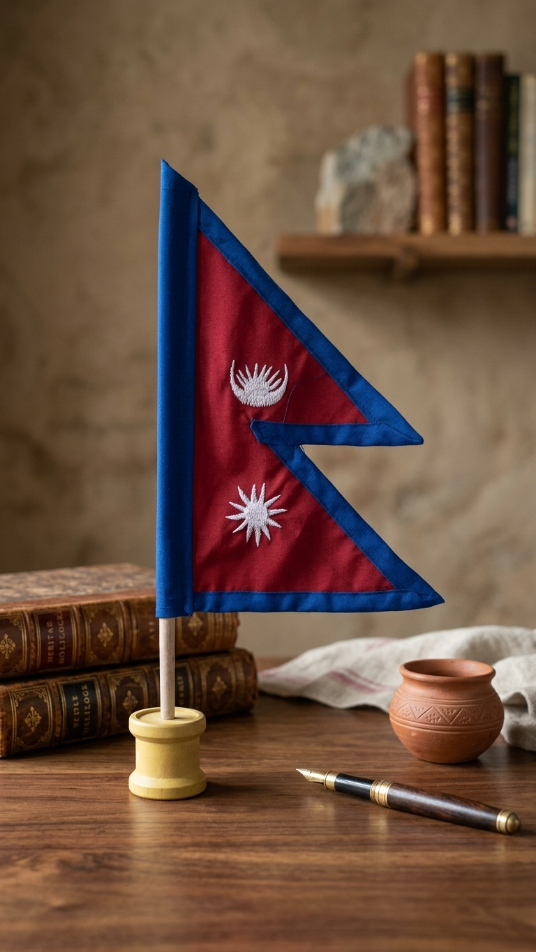 Miniature Nepal national flag on wooden stand with crimson red field, royal blue border and white embroidered moon and sun — — view 3