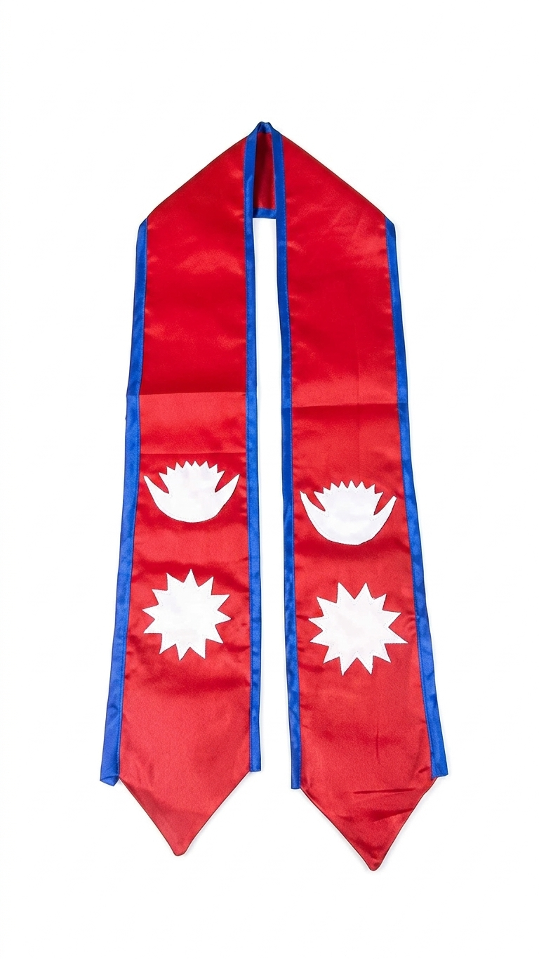 Crimson and royal blue satin Nepali flag graduation sash with white moon and sun appliqué motifs laid flat on carved wooden — view 2