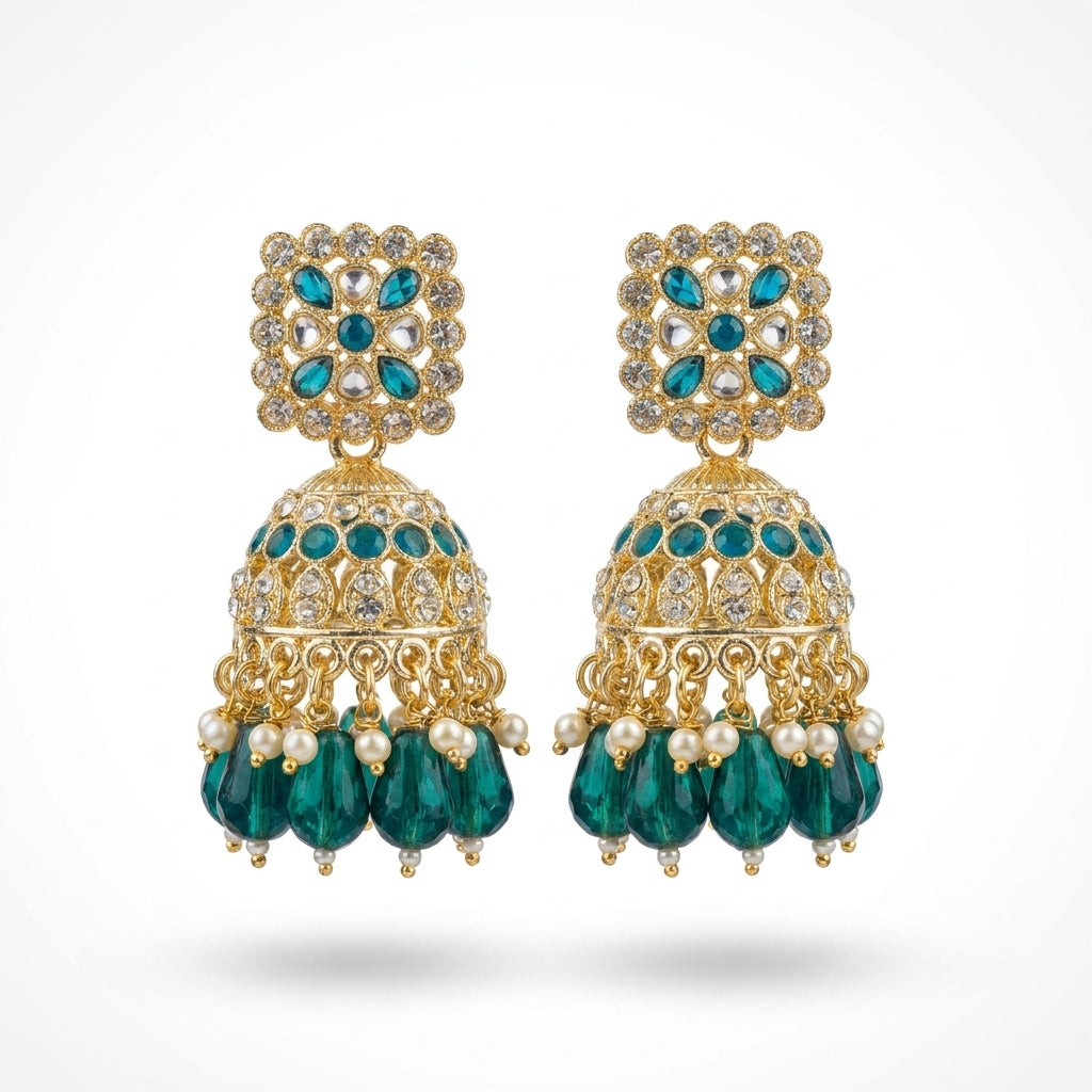 Teal and gold kundan jhumka earrings with emerald crystal teardrop drops and ivory pearl accents — Behuli Australia