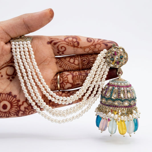 Gold-plated kundan meenakari jhumka earring with multi-strand pearl chain and multicolour gemstone tassel drops — Behuli — view 2