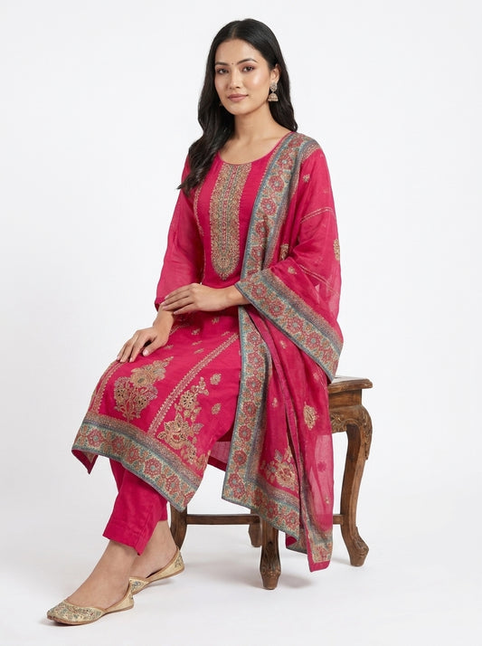 Fuchsia cotton silk Rajasthani kurti set with gold zari embroidery and teal printed dupatta — Behuli Australia — view 2