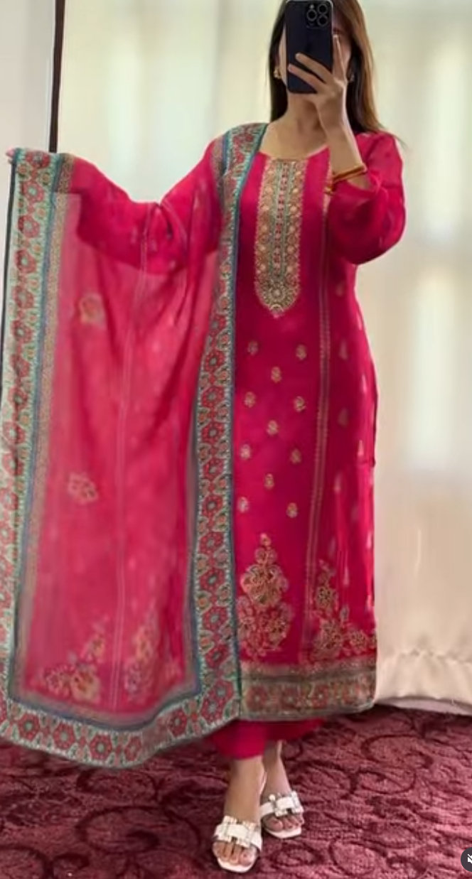 Fuchsia cotton silk Rajasthani kurti set with gold zari embroidery and teal printed dupatta — Behuli Australia — view 4
