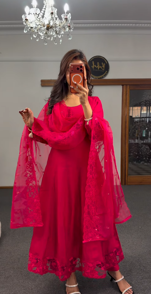 Fuchsia georgette Anarkali set with pintuck neckline and floral cutwork sequin net dupatta — Behuli Australia — view 3