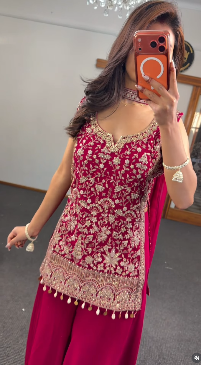 Fuchsia georgette sharara set with gold zari embroidery, sequin work and pearl tassel hem — Behuli Australia — view 4