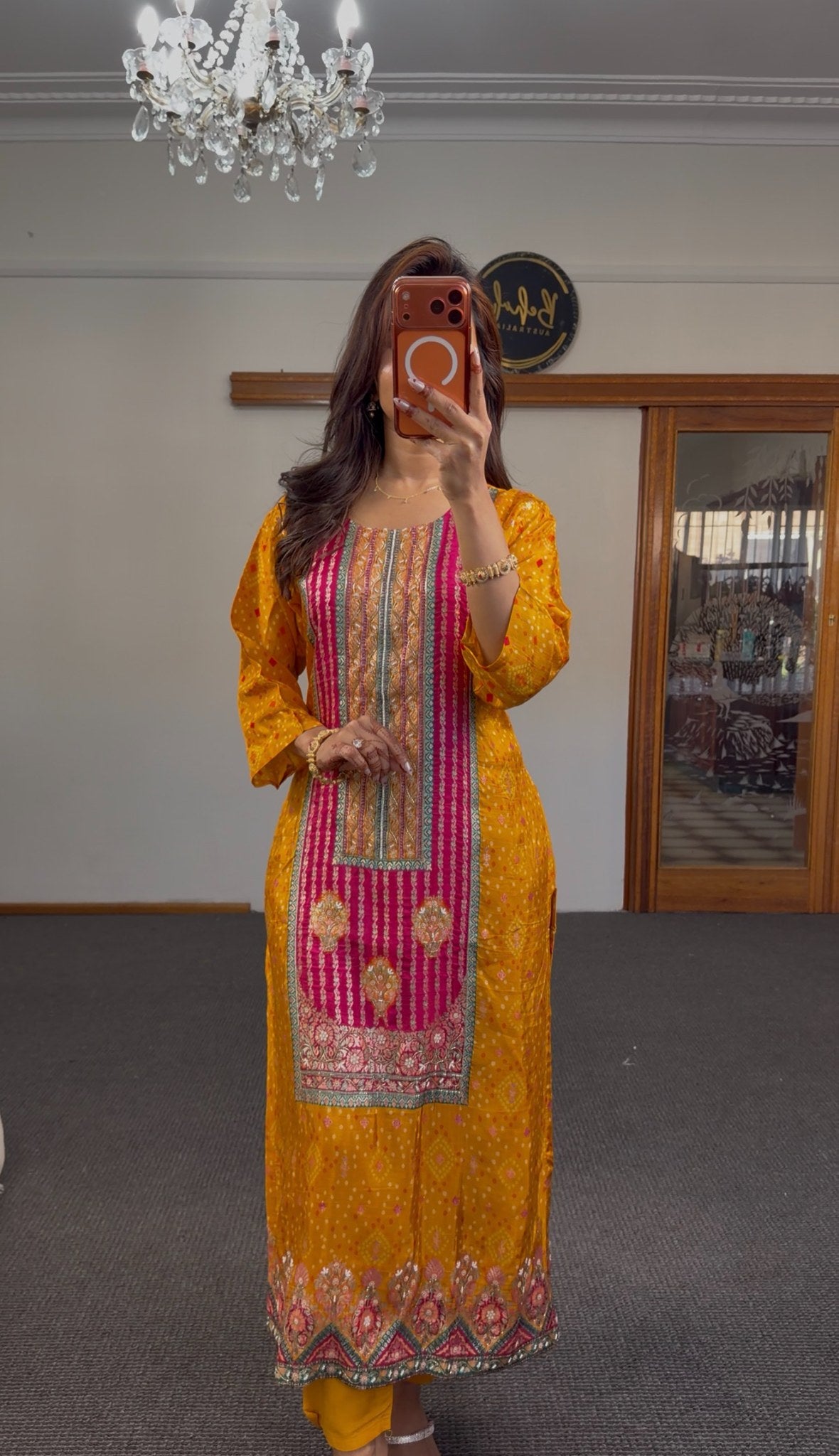 Mustard Bandhani cotton silk kurti set with multicolour zari border and fuchsia dupatta — Behuli Australia — view 4