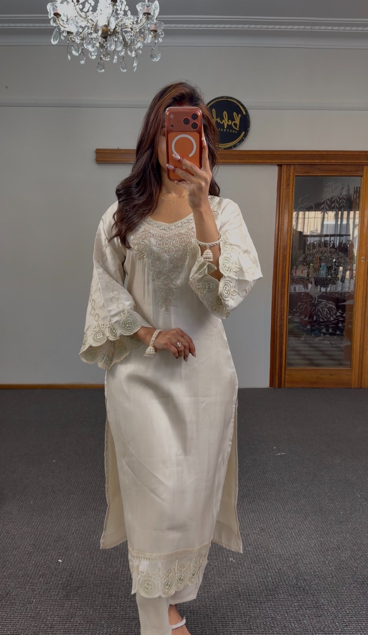Ivory organza kurti set with gold zari scalloped embroidery and sheer dupatta displayed in mirror selfie — Behuli Australia — view 7
