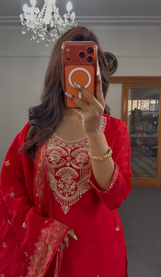 Red georgette kurti set with gold zari embroidery, cutdana beadwork neckline and matching dupatta — Behuli Australia — view 2