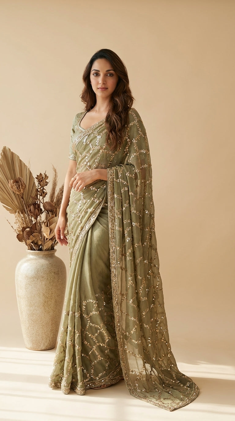 Sage green silk saree with all-over gold sequin zari geometric jaal embroidery and matching blouse — Behuli Australia — view 7