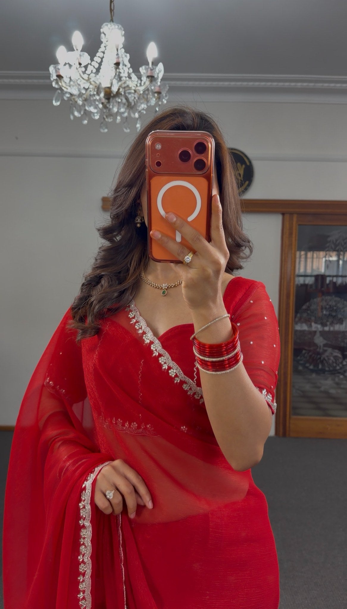 Crimson red chiffon saree with silver zari border and white chikankari paisley motif — Behuli Australia — view 5