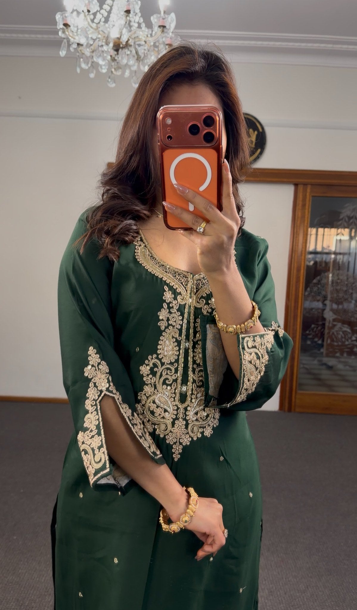 Forest green rayon kurti set with gold zari embroidered neckline, matching palazzo pants and embroidered dupatta — Behuli — view 5