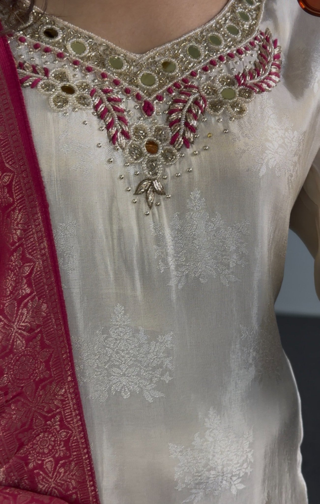Ivory silk jacquard kurti set with kundan mirror neckline and fuchsia Banarasi zari dupatta — Behuli Australia — view 3