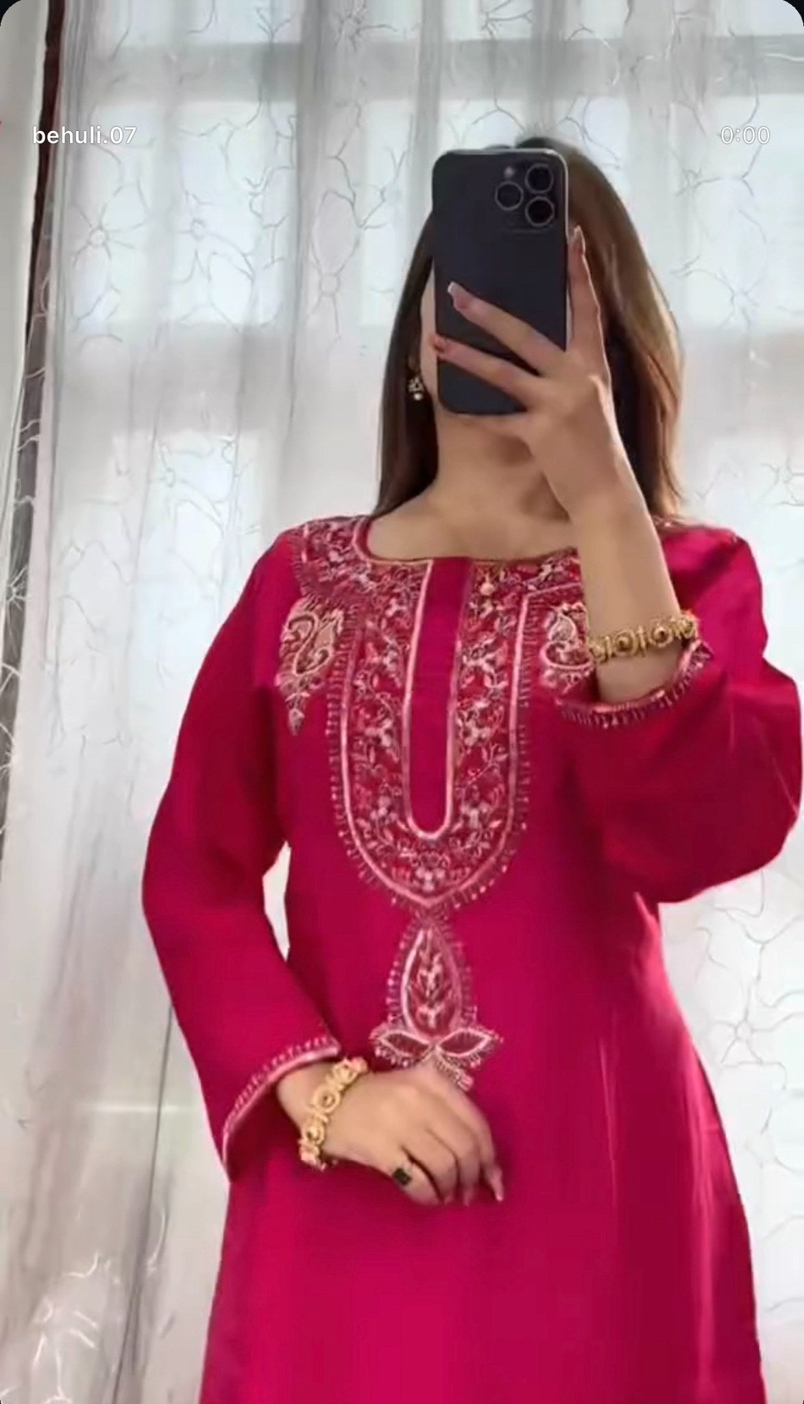 Fuchsia georgette kurti set with gold zari and sequin embroidery at neckline, matching pants and sheer dupatta — Behuli — view 3