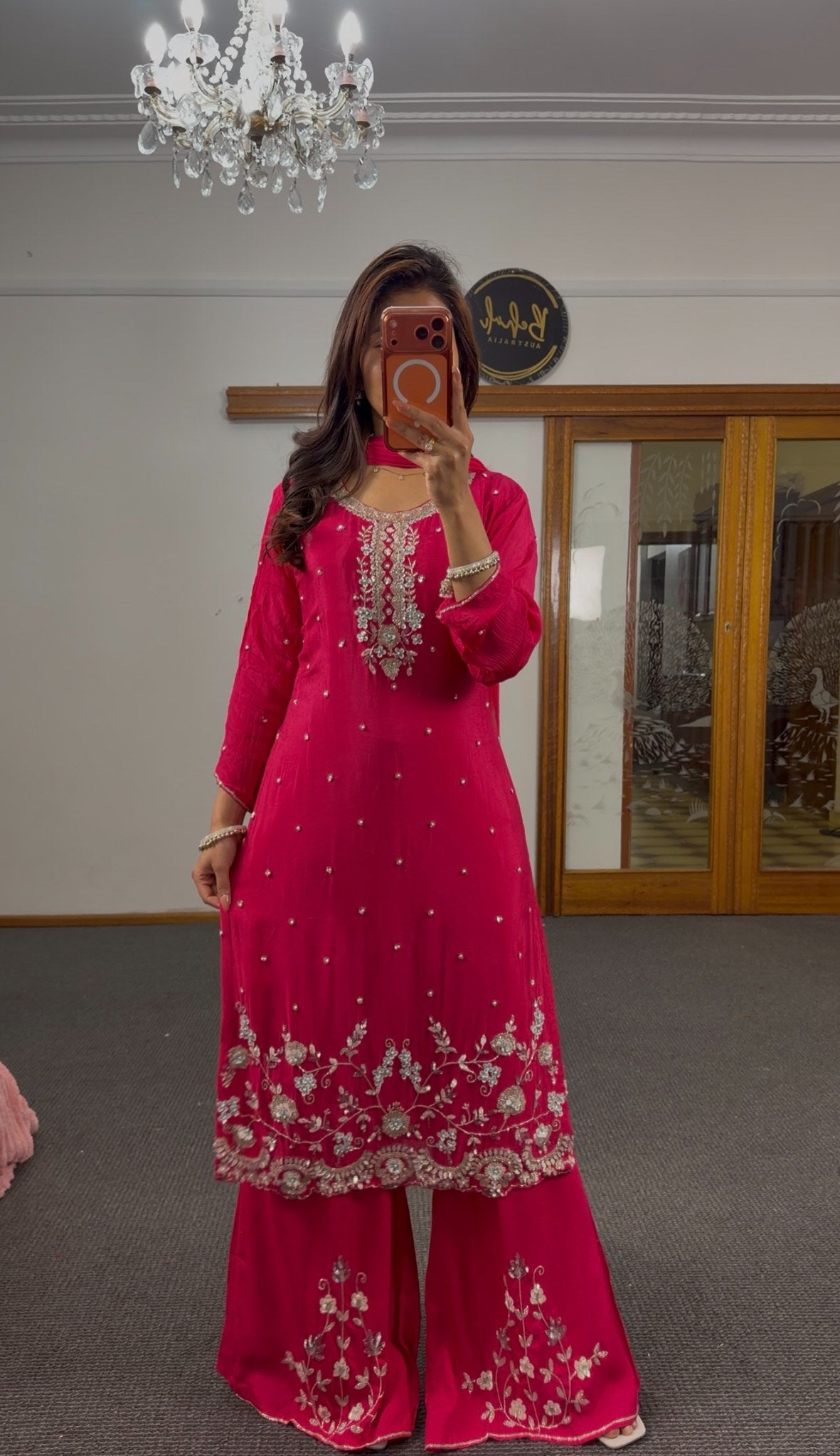 Fuchsia raw silk palazzo suit set with silver-gold zari floral embroidery, mirror-work butti and matching chiffon dupatta — — view 7