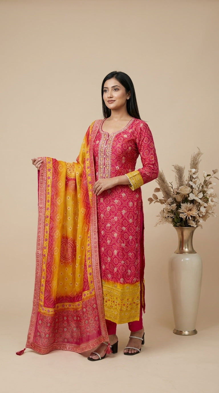 Fuchsia bandhani silk kurti set with mustard yellow zari border, bead tassels and matching woven dupatta — Behuli Australia — view 6
