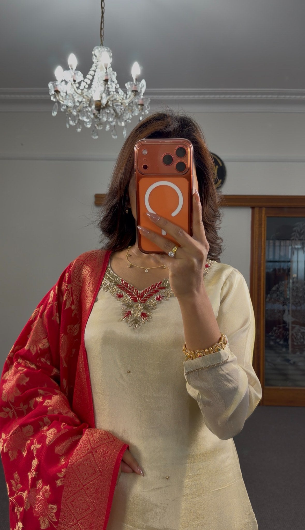 Ivory raw silk straight kurti set with zari beadwork neckline and crimson red Banarasi gold zari dupatta — Behuli Australia — view 5
