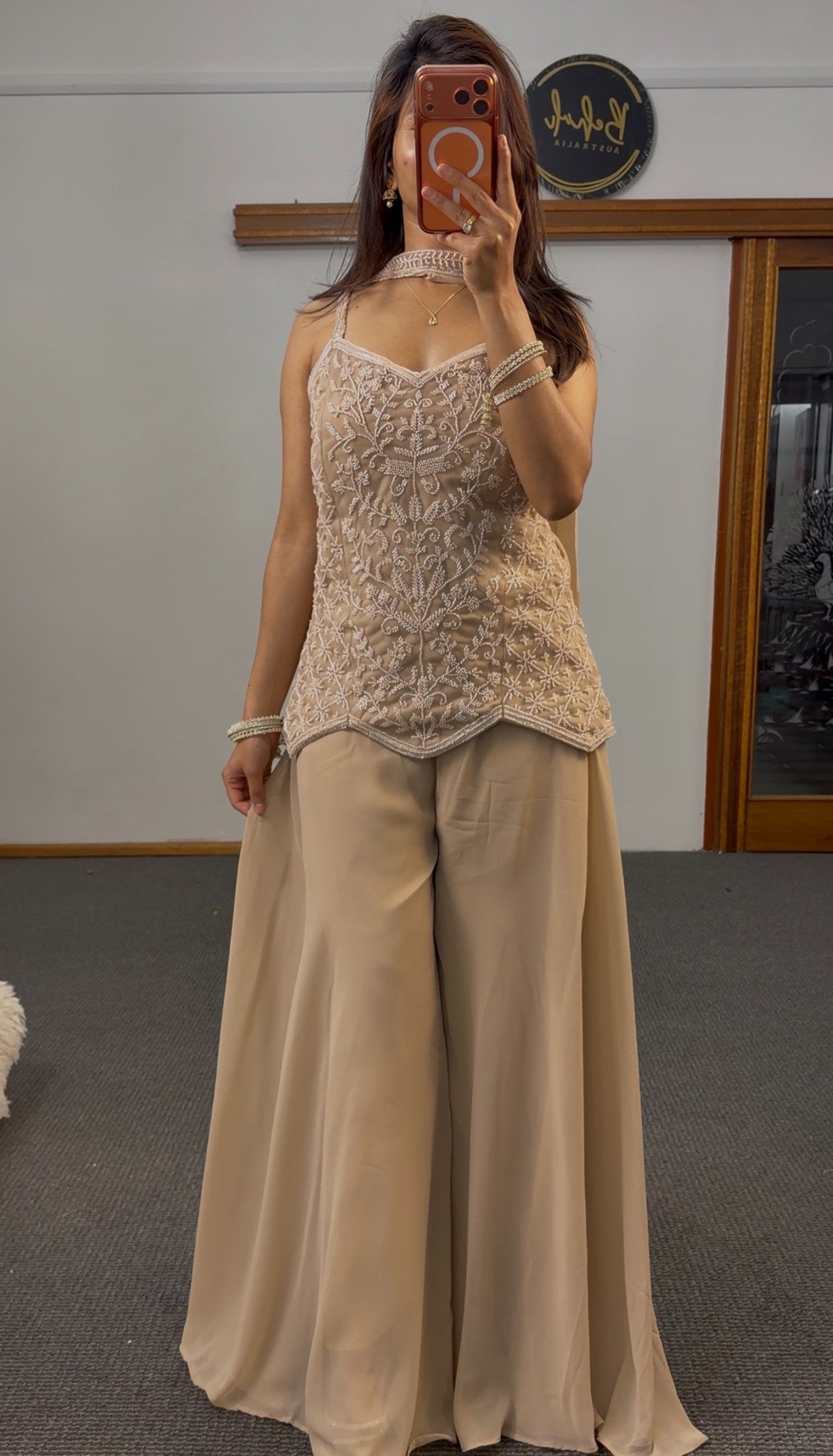 Champagne georgette indo western embroidered top and wide-leg palazzo set with resham and beadwork — Behuli Australia — view 5